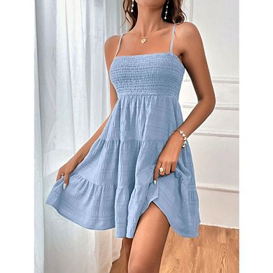 Womens Solid Ruffle Hem Short Dresses Cami Smock Casual A Line Swing Sleeveless Dresses