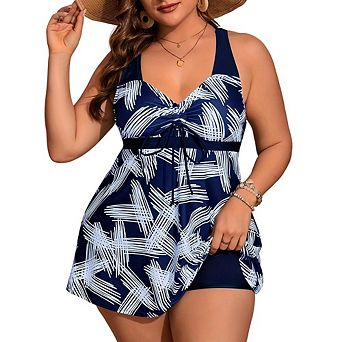 Womens Plus Tankini Set Crisscross Back Straps Front Tie Tunic Top Shorts Beach Vacation
