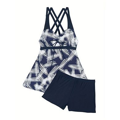 Womens Plus Tankini Set Crisscross Back Straps Front Tie Tunic Top Shorts Beach Vacation