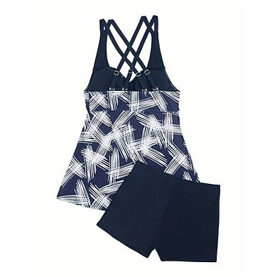 Womens Plus Tankini Set Crisscross Back Straps Front Tie Tunic Top Shorts Beach Vacation