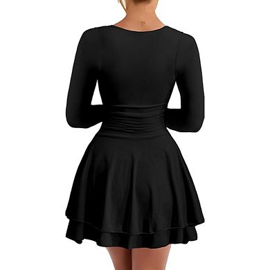 Long Sleeve Square Neck Ruched Waist Double Layer Mini Dress
