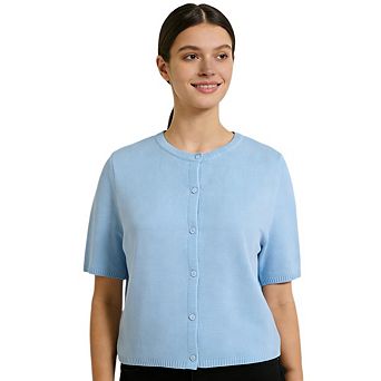 Womens Plus Size Short Sleeve Cardigan Round Neck Knit Lightweight Summer Button Up Tops