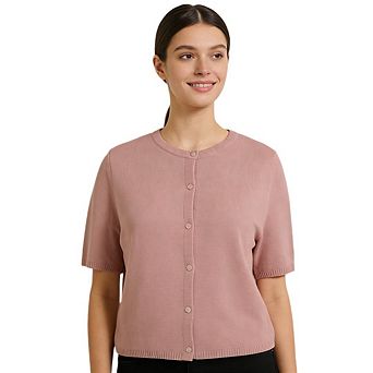 Womens Plus Size Short Sleeve Cardigan Round Neck Knit Lightweight Summer Button Up Tops