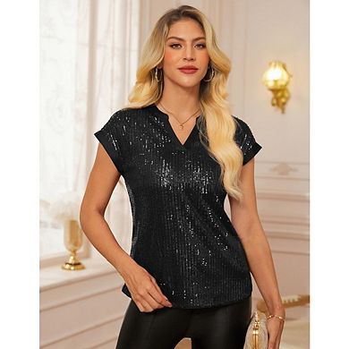 Women's Sequin Sparkly Tops V Neck Short Sleeve Glitter Party Disco Club Shirts