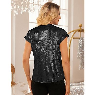 Women's Sequin Sparkly Tops V Neck Short Sleeve Glitter Party Disco Club Shirts