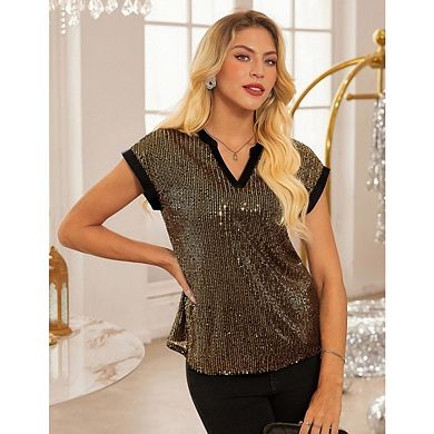 Women's Sequin Sparkly Tops V Neck Short Sleeve Glitter Party Disco Club Shirts