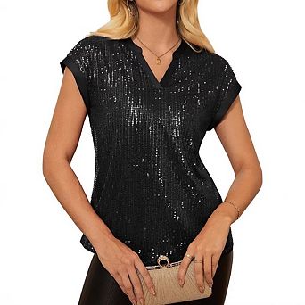 Women's Sequin Sparkly Tops V Neck Short Sleeve Glitter Party Disco Club Shirts
