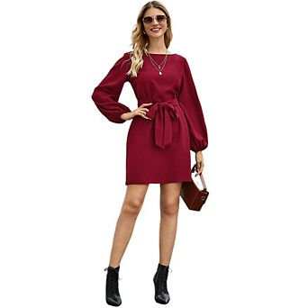 Womens Wedding Guest Crew Neck Dress Long Lantern Sleeve Short Dress Tie Waist Cocktail Dress
