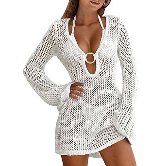 Long Sleeve Openwork Knit Ring Detail Cover Up Mini Dress