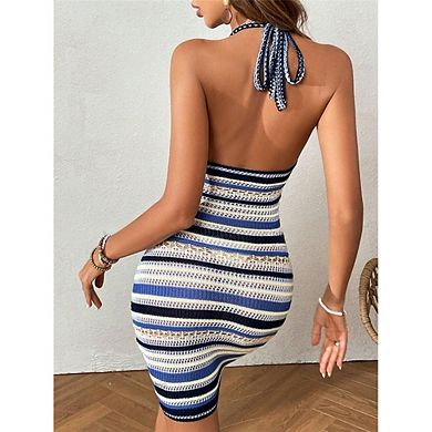 Halter Neck Striped Crochet Knit Bodycon Midi Dress