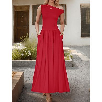 Cold Shoulder Ruched Waist Pocket Maxi Dress