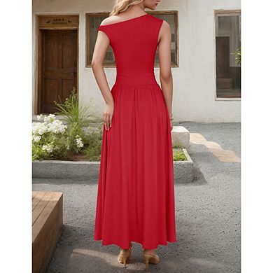 Cold Shoulder Ruched Waist Pocket Maxi Dress