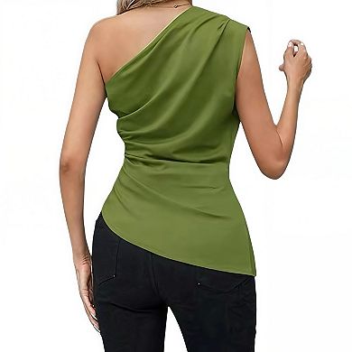 Women’s Asymmetric One Shoulder Top, Sleeveless graceful Neckline Top with Ruched Detail