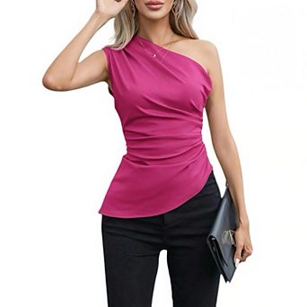 Women’s Asymmetric One Shoulder Top, Sleeveless graceful Neckline Top with Ruched Detail