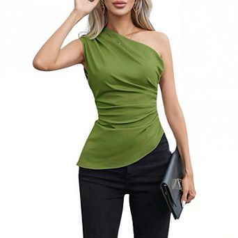 Women’s Asymmetric One Shoulder Top, Sleeveless graceful Neckline Top with Ruched Detail