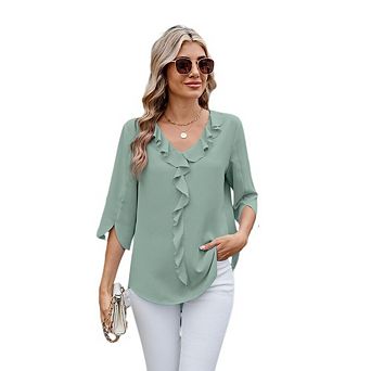 Womens Summer Trendy Dressy Casual Blouses 3/4 Sleeve V Neck Ruffle Business Work Shirt Tops