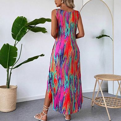 Sleeveless V-Neck Tie Dye Pocket Maxi Dress with Slit
