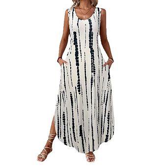 Sleeveless V-Neck Tie Dye Pocket Maxi Dress with Slit