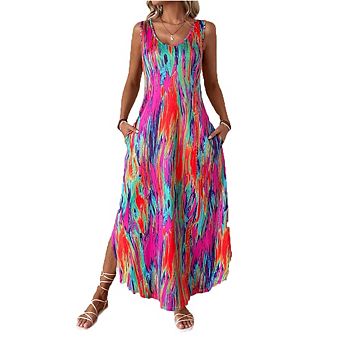 Sleeveless V-Neck Tie Dye Pocket Maxi Dress with Slit