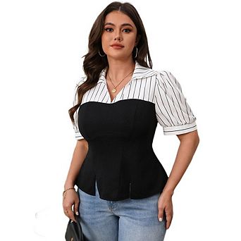 Womens Plus Size Puff Sleeve Blouse Polo V Neck Short Sleeve Shirt Dressy Casual Office Work Wear