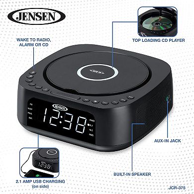 Jensen JCR‑375 Stereo Digital Dual‑Alarm Clock with Top‑Loading CD Player and USB Charging