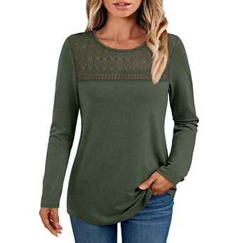 Women's Lace Blouses Casual Long Sleeve Crewneck Tops