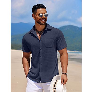 Men's Loose Casual Short Sleeved Pocket Shirt Button up Summer Beach Tops