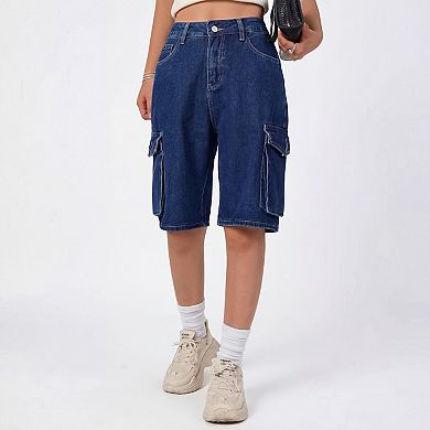 Women's Casual Wide Leg Denim Shorts with Multiple Pockets