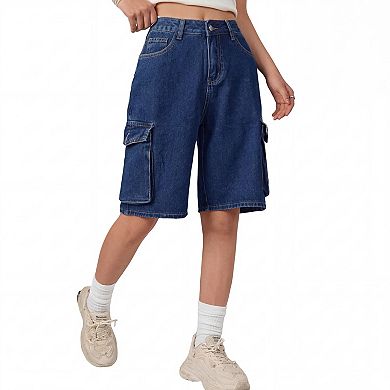 Women's Casual Wide Leg Denim Shorts with Multiple Pockets