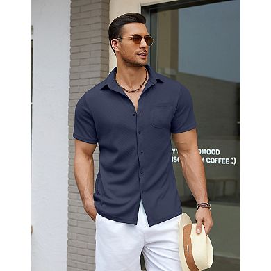 Men's Summer Beach Loose Casual Short Sleeved Pocket Shirt Button up Tops
