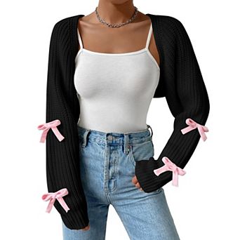 Women's Long Sleeve Open Front Knitted Crop Bow Cardigan Drop Shoulder Knit Bolero Shrug Sweater