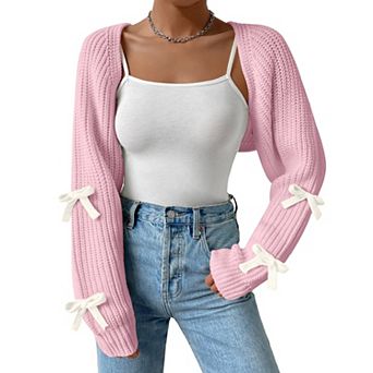 Women's Long Sleeve Open Front Knitted Crop Bow Cardigan Drop Shoulder Knit Bolero Shrug Sweater