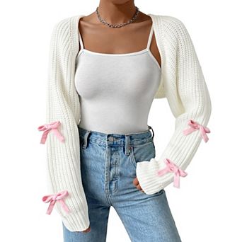 Women's Long Sleeve Open Front Knitted Crop Bow Cardigan Drop Shoulder Knit Bolero Shrug Sweater