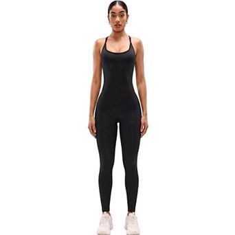 Women's Seamless Criss Cross Back Jumpsuit Bodysuit with Built-in Bra