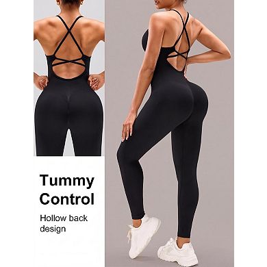 Women's Seamless Criss Cross Back Jumpsuit Bodysuit with Built-in Bra