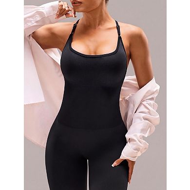 Women's Seamless Criss Cross Back Jumpsuit Bodysuit with Built-in Bra