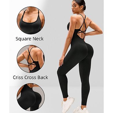 Women's Seamless Criss Cross Back Jumpsuit Bodysuit with Built-in Bra