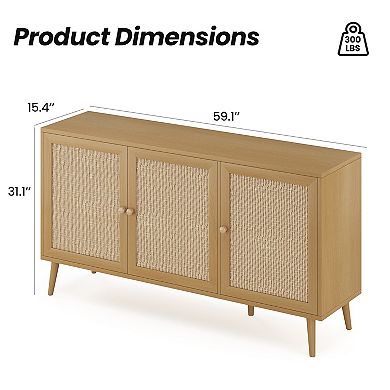Modern Sideboard Buffet Cabinet with 3 Natural Rattan Doors