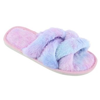 CTM Women's Open Toe Cross Band Fur Slide Slippers