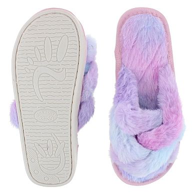 CTM Women's Open Toe Cross Band Fur Slide Slippers