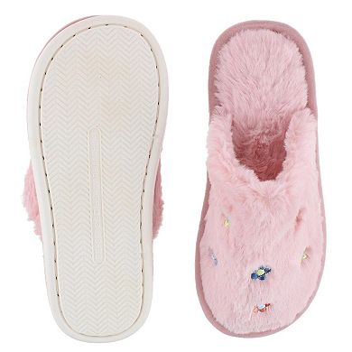 CTM Women's Flower Print Fur Slippers