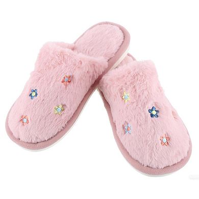 CTM Women's Flower Print Fur Slippers