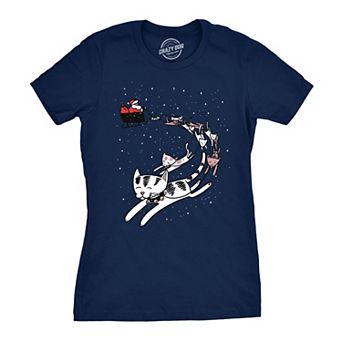 Womens Cat Reindeer Sleigh T Shirt Funny Santa Christmas Holiday Party Tee