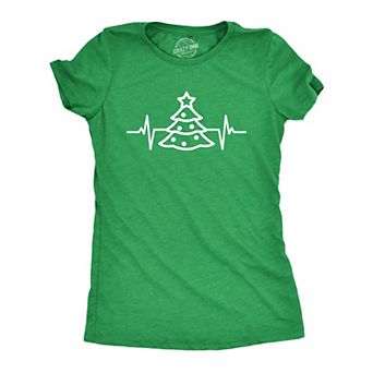 Womens Christmas Tree Heart Beat T Shirt Funny Cool Xmas Party Tee for Ladies