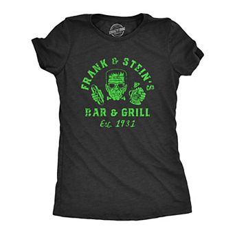 Womens Frank and Steins Bar and Grill T Shirt Funny Frankenstein Halloween Tee for Ladies