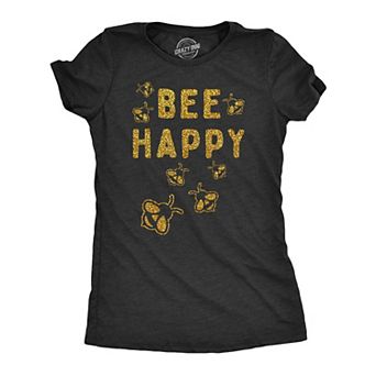 Womens Bee Happy Glitter T Shirt Cute Earth Day Bee Graphic Novelty Tee for Ladies
