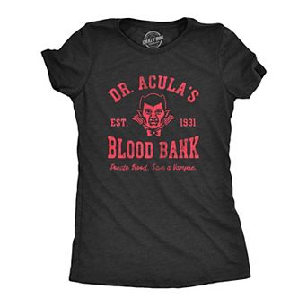 Womens Dr Aculas Blood Bank T Shirt Funny Scary Halloween Party Vampire Donor Tee for Ladies
