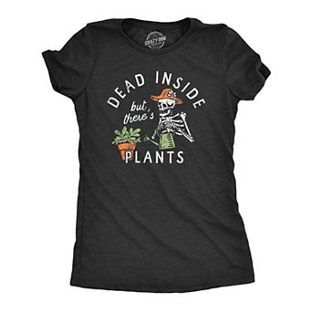 Womens Dead Inside But Theres Plants T Shirt Funny Sad Skeleton House Plant Lovers Tee for Ladies