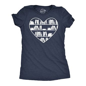 Womens Bookshelf Heart Funny T Shirt Reading Graphic Tee for Ladies