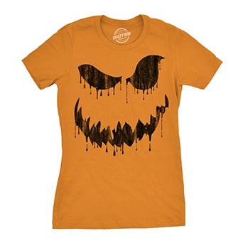 Womens Drippy Dan Pumpkin T Shirt Funny Halloween Jack O Lantern Creepy Smile Tee for Ladies